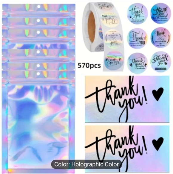 Holographic Bags, Cards And Thank You Stickers Set. 570 Count Total - Picture 3 of 3